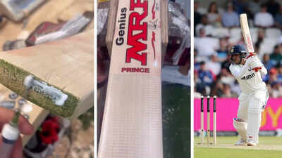 Shubman Gill celebrating his century with a repaired bat